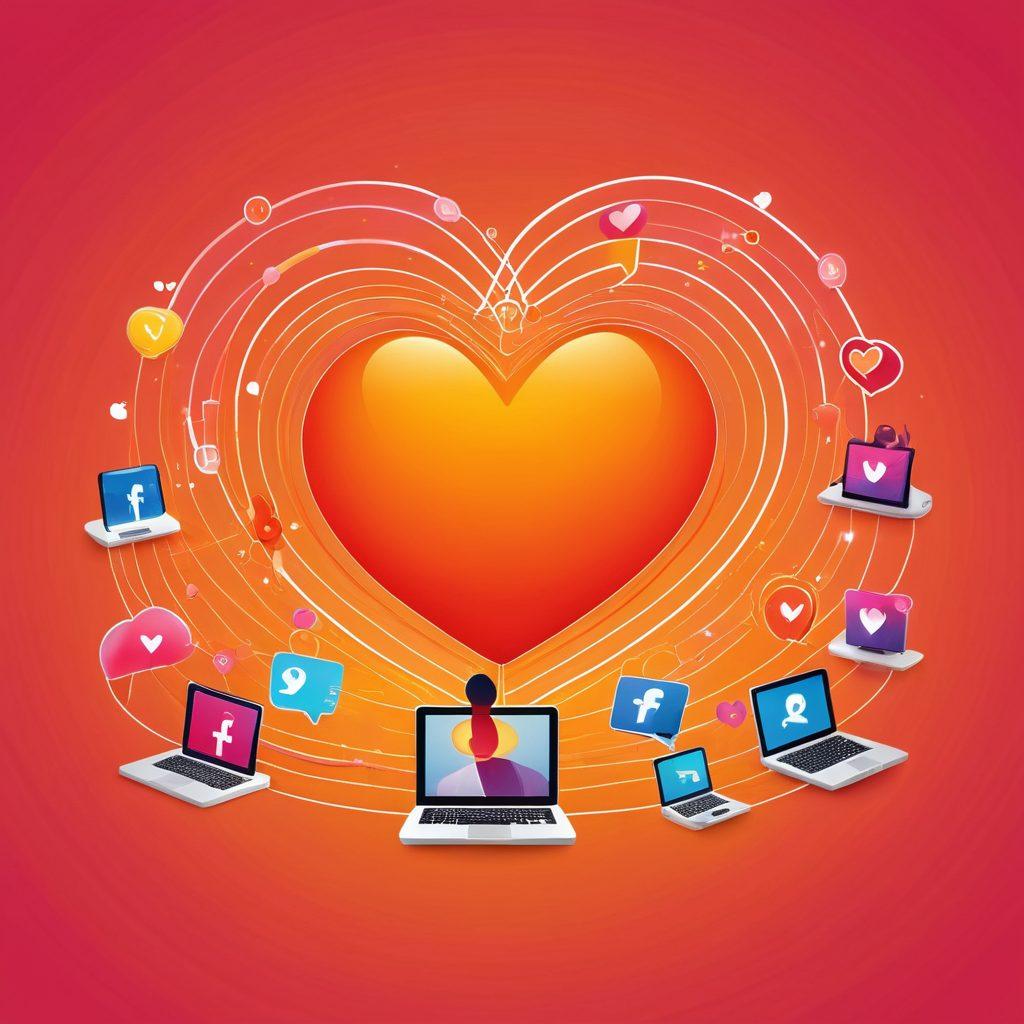 A heart-shaped digital network formed by diverse people connecting through their devices, symbolizing love and friendship in online communities. Include warm colors and glowing lines to represent connection. In the background, subtle icons of social media and chat bubbles are interspersed. Style it as a vibrant, modern illustration. vibrant colors. vector art.