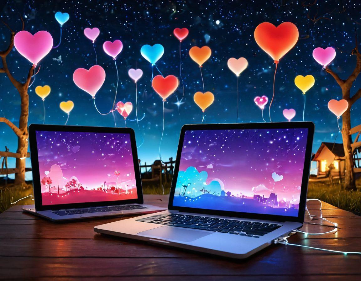 A whimsical digital landscape showcasing multiple types of devices like smartphones and laptops, adorned with romantic symbols like hearts and chat bubbles. Include a glowing heart connecting them through virtual threads. In the background, a starlit sky represents the vastness of online connections. The scene should evoke a sense of warmth and intimacy in the digital realm. vibrant colors. super-realistic.