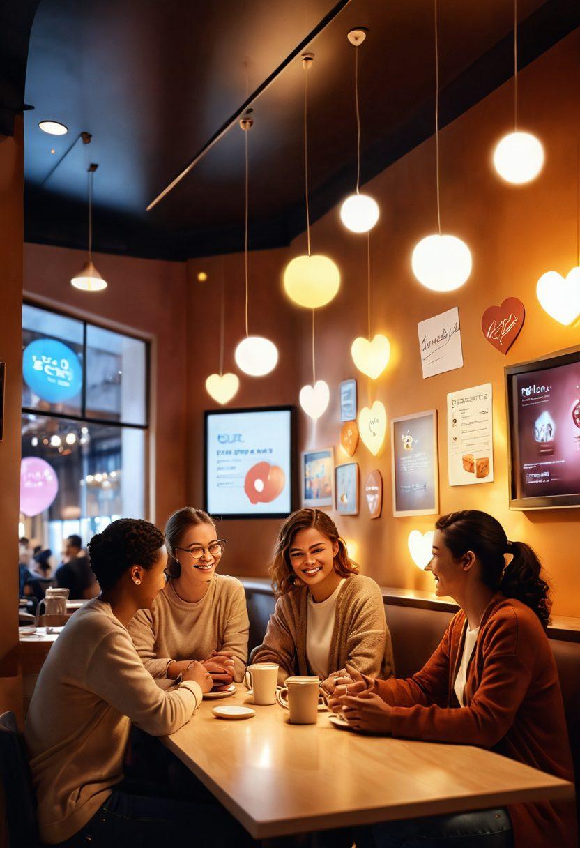 A cozy virtual café scene with diverse people from different backgrounds connected through glowing screens, sharing laughter and heartfelt moments; soft warm light embraces the space, surrounded by digital elements symbolizing friendship like hearts and chat bubbles. super-realistic. warm colors. soft focus.